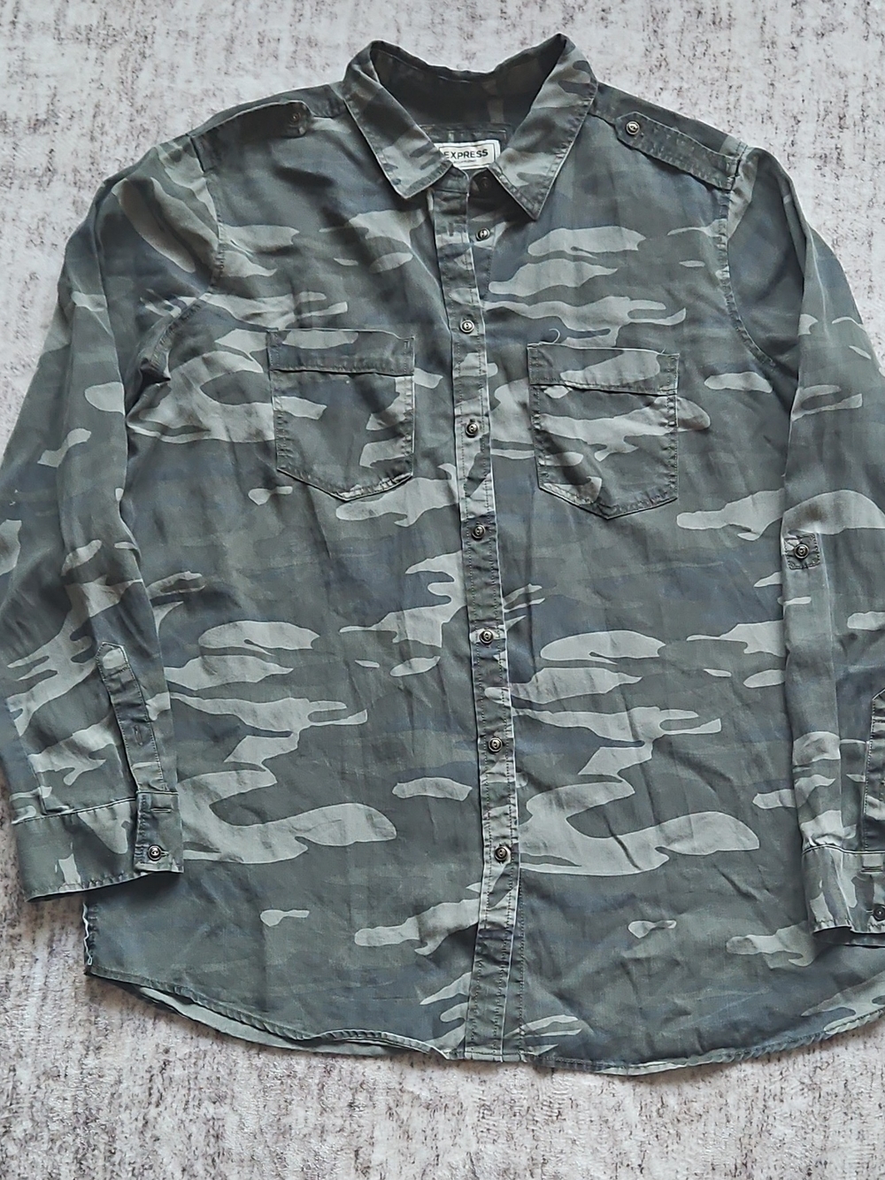 Express Women's Gray & Olive Camo Button-Down Shirt